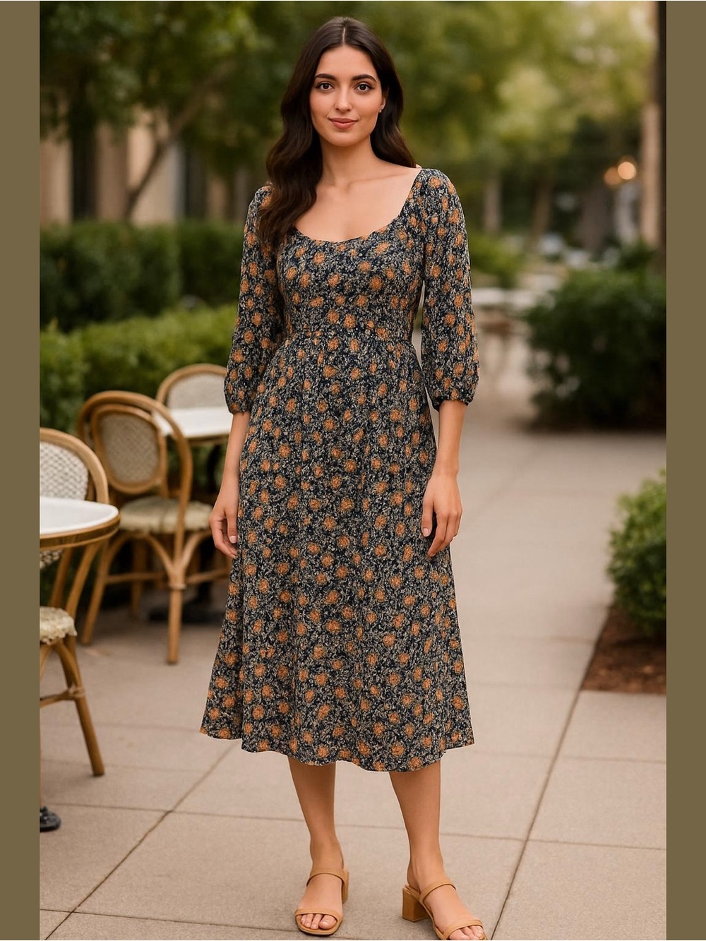 Black Floral Midi Dress XL Milkmaid Boho Indie Vacay Pockets Babydoll Cottage